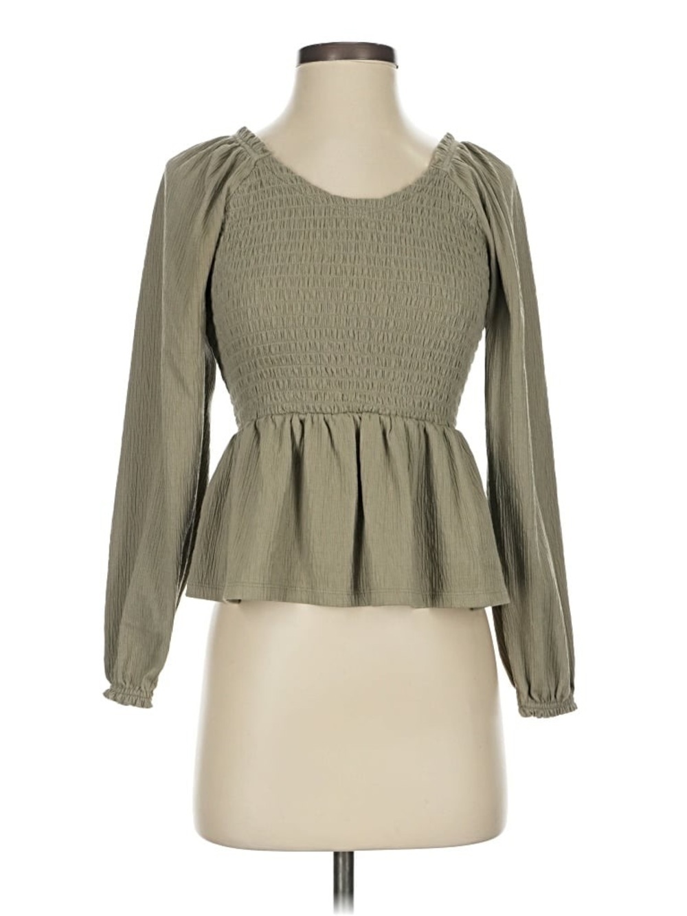 Old Navy Olive Smocked Peplum Long-Sleeve Blouse Size Large